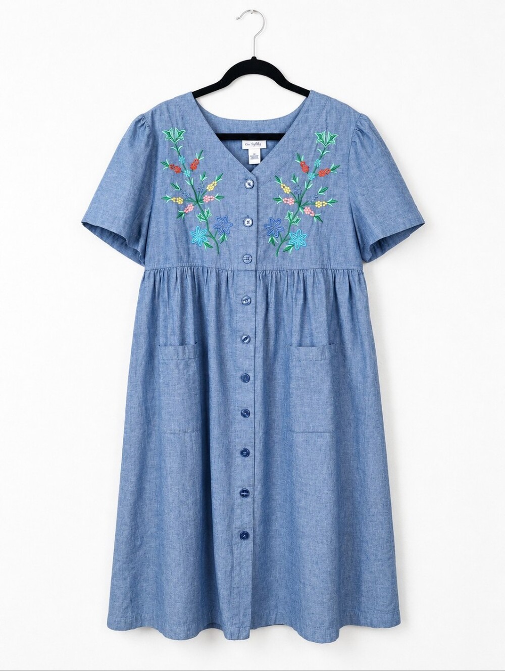 Go Softly Patio Modest Embroidered Chambray Cotton Midi Dress Pockets Medium